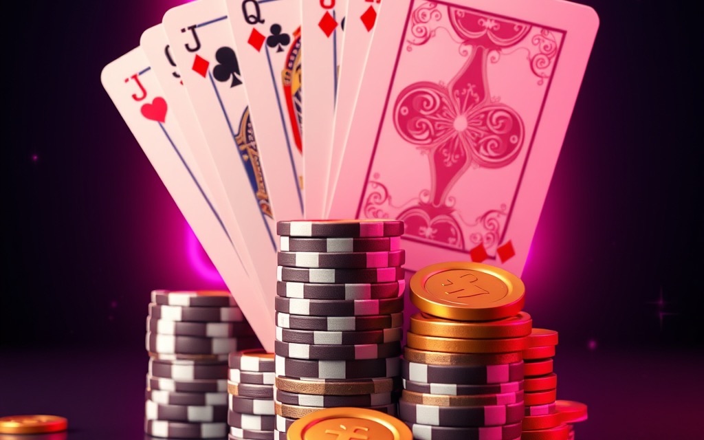 Fanned playing cards beside tall chip stacks at the N555 poker tables