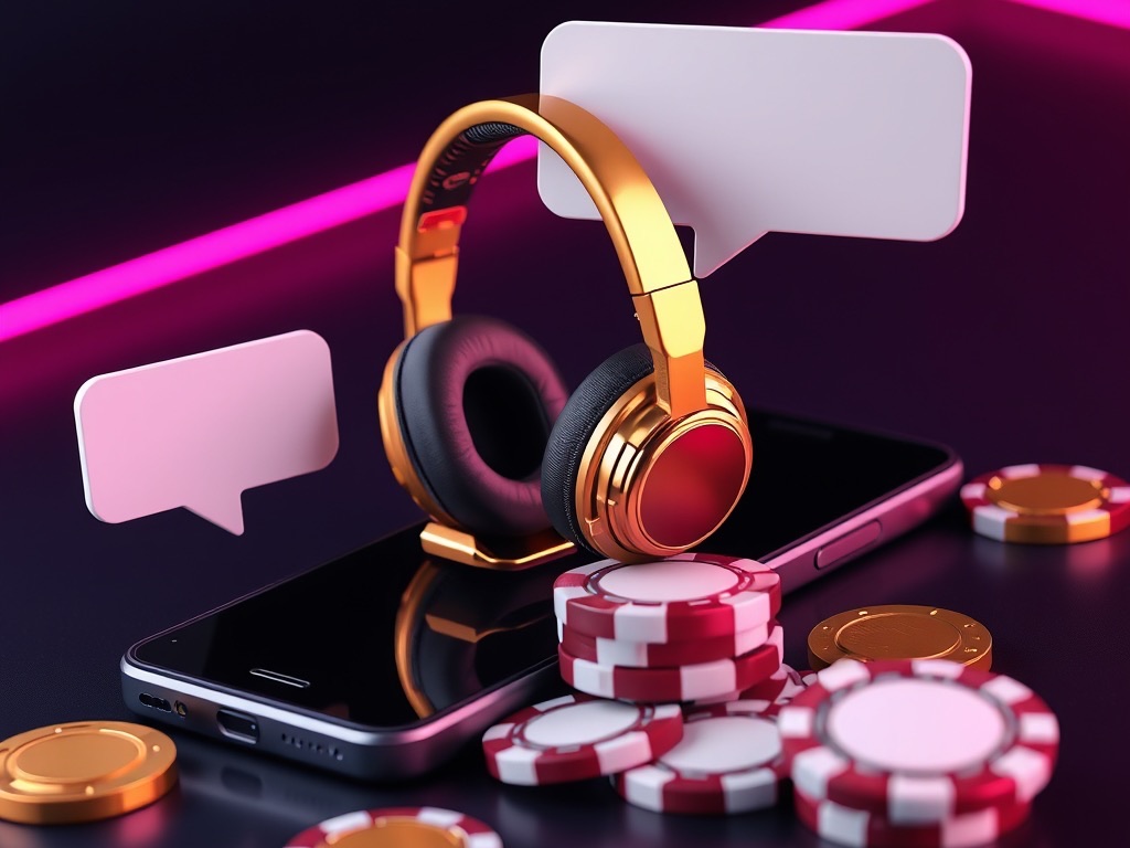 Golden support headset beside a phone showing N555 live chat bubbles